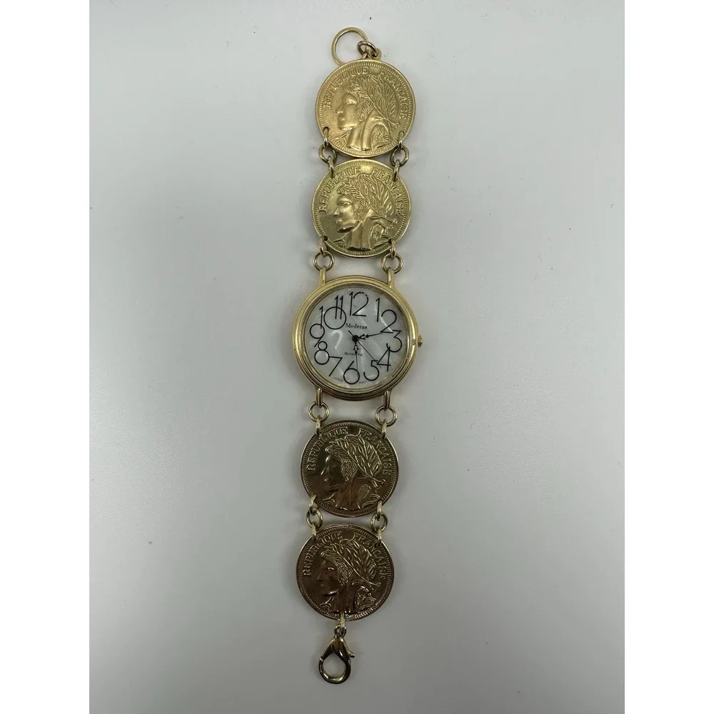 Moderne Faux French Gold Coin Ladies MOP Watch New Battery 37MM 7.5